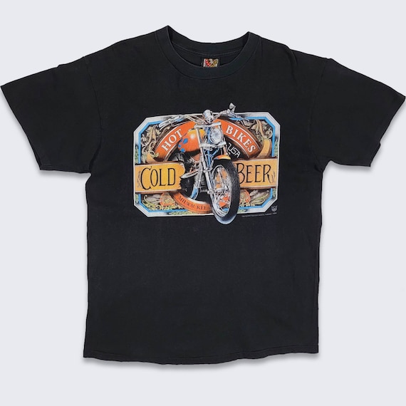 Harley Davidson Vintage 90s 3D Emblem T-Shirt - Hot Bikes Cold Beer - Moto Americaine Granby - Made in USA - Men's Size L - Free Shipping