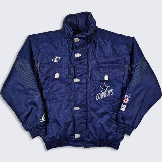 Dallas Cowboys Vintage 90s Logo Athletic Puffer Jacket - Fold Out Hood - NFL Pro Line - Navy Blue Coat - Size : Medium ( M ) - FREE SHIPPING