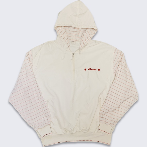 Ellesse Vintage 90s Tennis Hooded Windbreaker Jacket - Made in Italy - Off White Cream Light Weight Coat - Size Men's : XL - FREE SHIPPING