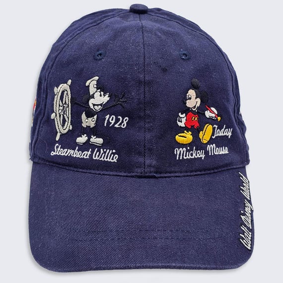 Disney Vintage 90s Mickey Mouse History Dad Hat - Stitched On Patches & Letters - Dark Navy Blue Cap - One Size Fits All - FREE SHIPPING