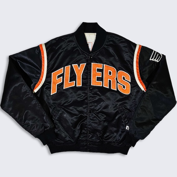 Philadelphia Flyers Vintage 80s Starter Satin Bomber Jacket - Black & Orange Coat - Made in USA - Men's Size : Large ( L ) - FREE SHIPPING