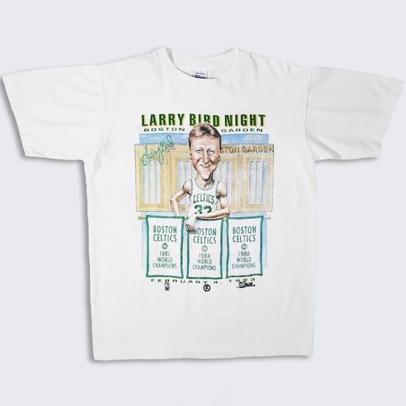 Boston Celtics Vintage 90s Larry Bird Night Salem Sportswear T-Shirt - Single Stitch White NBA Basketball Tee - Men's: Large - FREE SHIPPING
