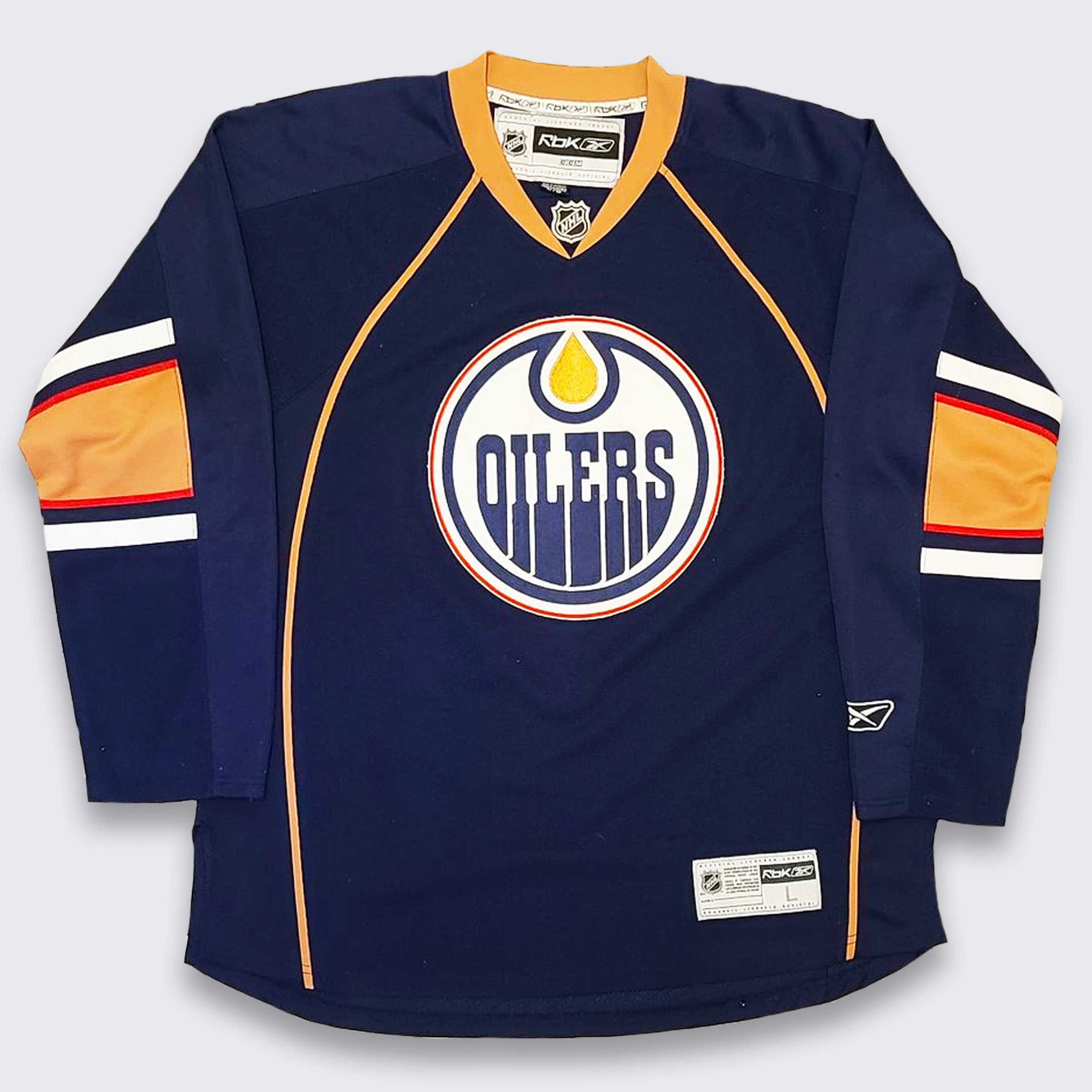 Edmonton Oilers Third Kit Reebok Hockey Jersey Large Navy Blue and
