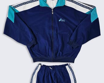 Asics Vintage 90s Full Track Suit - Includes Pants & Jacket - Navy Blue Color - Zipper Closure - Men's Size : 54 - FREE SHIPPING
