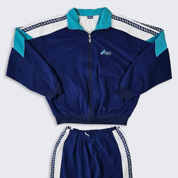 Asics Vintage 90s Full Track Suit - Includes Pants & Jacket - Navy Blue Color - Zipper Closure - Men's Size : 54 - FREE SHIPPING