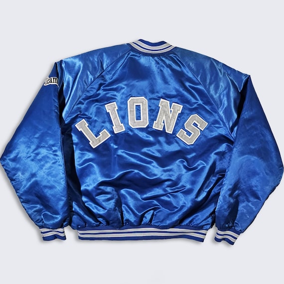 Detroit Lions Vintage 80s Chalk Line Satin Bomber Jacket - Blue Football Varsity Style Coat - Team NFL - Size Men's : 2XL - Free Shipping