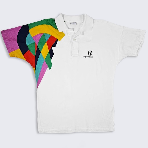 Sergio Tacchini Vintage 90s Italy Tennis Polo Shirt - Multicolor Sleeve - White Color Collared Tee - Men's Size: Large ( L ) - FREE SHIPPING