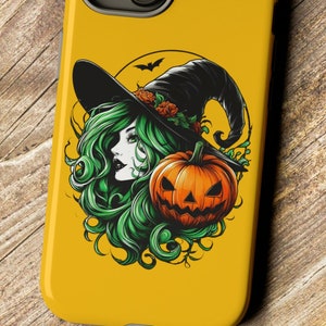 May include: A yellow iPhone case with a green-haired witch wearing a black hat and holding a jack-o'-lantern.