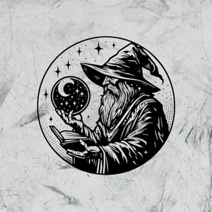 Wizard and his scrying orb / PNG SVG JPG / Vector Design / Crystal Ball / Cricut Silhouette / Fantasy Style