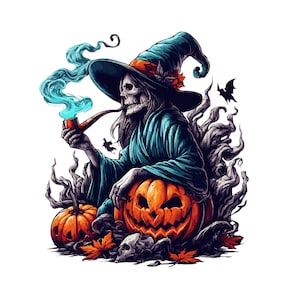 May include: A skeletal witch wearing a teal and purple pointed hat with a skull face and holding a pipe with blue smoke. The witch is sitting on a large orange pumpkin with two smaller pumpkins in front of her. The background is a dark, smoky forest.