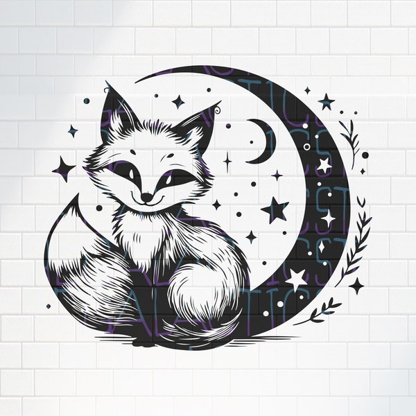 Cute Fox Moon & Stars / SVG, PNG / Clipart Original / kawaii Fantasy Gothic Nature / Unique Design Cricut, Stickers, Shirts Tumblers Tattoo