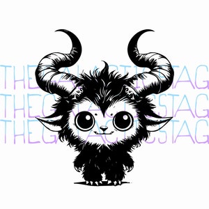 May include: Black and white illustration of a cute, furry monster with large eyes and horns. The monster has a friendly expression and is standing on all fours.