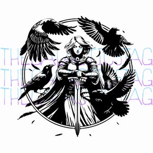 Mujer Guerrera Caballero y Cuervos / SVG, PNG, Vector / Clipart Original / Fantasía / Diseños Únicos Cricut, Pegatinas, Camisas, Tatuaje Flash