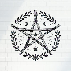 May include: Black and white illustration of a five-pointed star made of sticks, surrounded by a wreath of leaves. The star has a small triangle in the center and is decorated with moons, stars, and other geometric shapes.