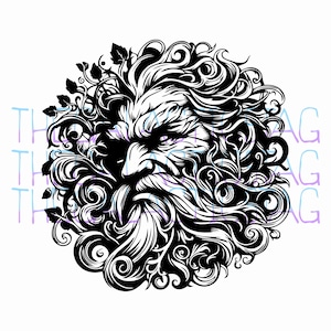 May include: Black and white illustration of a man's face with a long beard and hair, surrounded by swirling vines and leaves.