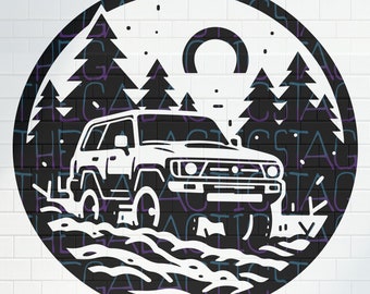 May include: Black and white illustration of a jeep driving through a forest with a full moon in the background.