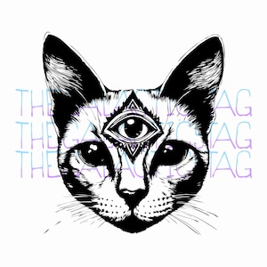 Puede incluir: Ilustración en blanco y negro de la cara de un gato con un tercer ojo en el centro de su frente. El tercer ojo está rodeado por un diseño geométrico.