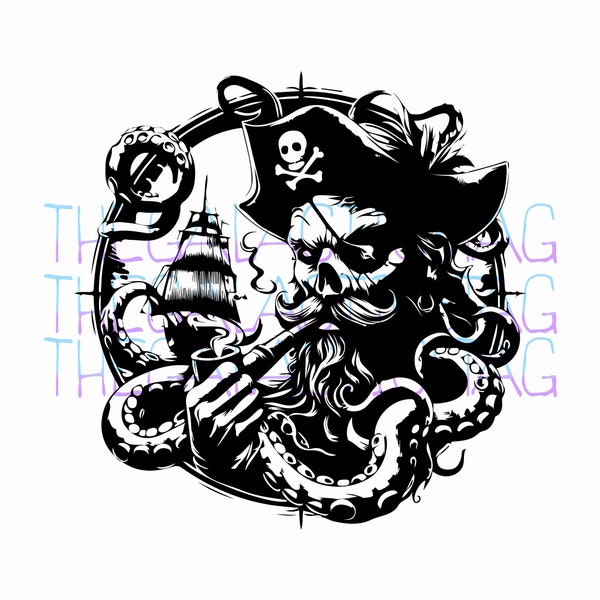 Ghost Pirate & Tentacles / SVG, PNG, Vector / Clipart Original / Fantasy / Unique Designs Cricut, Stickers, Shirts, Tumblers Tattoo Flash