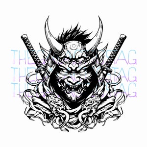 May include: Black and white illustration of a Japanese demon warrior with horns, wearing a helmet and holding two swords. The demon has a fierce expression and sharp teeth.