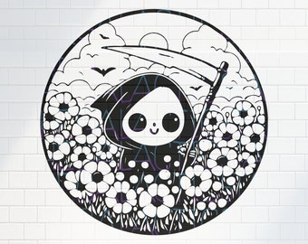 Death in Poppies Design / SVG, PNG, JPG / Satanic / Dark Occult / Cute Designs Cricut, Stickers, Shirts, Tumblers Tattoo Flash