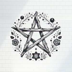 May include: A black and white illustration of a five-pointed star made of branches, surrounded by stylized flowers and leaves.