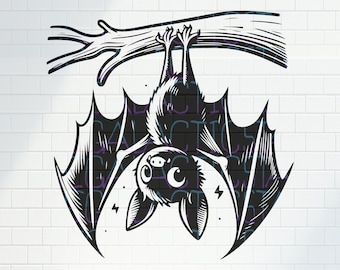 May include: Black and white illustration of a bat hanging upside down from a branch. The bat has large, round eyes and a crescent moon on its forehead.