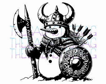 May include: A black and white illustration of a snowman dressed as a Viking. The snowman is wearing a horned helmet, a scarf, and a shield. The snowman is holding an axe.
