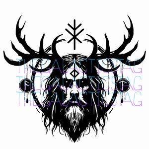 Skandinavischer Schamane Wikinger / SVG PNG Vektor Design / Geweih Runen Odin / Silhouette Cricut / Print on Demand / Fantasy
