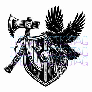 May include: Black and white illustration of a shield with a sword, an axe, and a raven. The raven is perched on the shield and has its wings spread out.