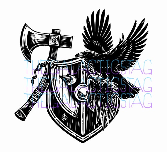 Viking Style Axe and Shield Raven / SVG PNG Vector / File for Print, Cricut, Silhouette, Laser Cut Engraving / Norse Pagan / Odin / Rune