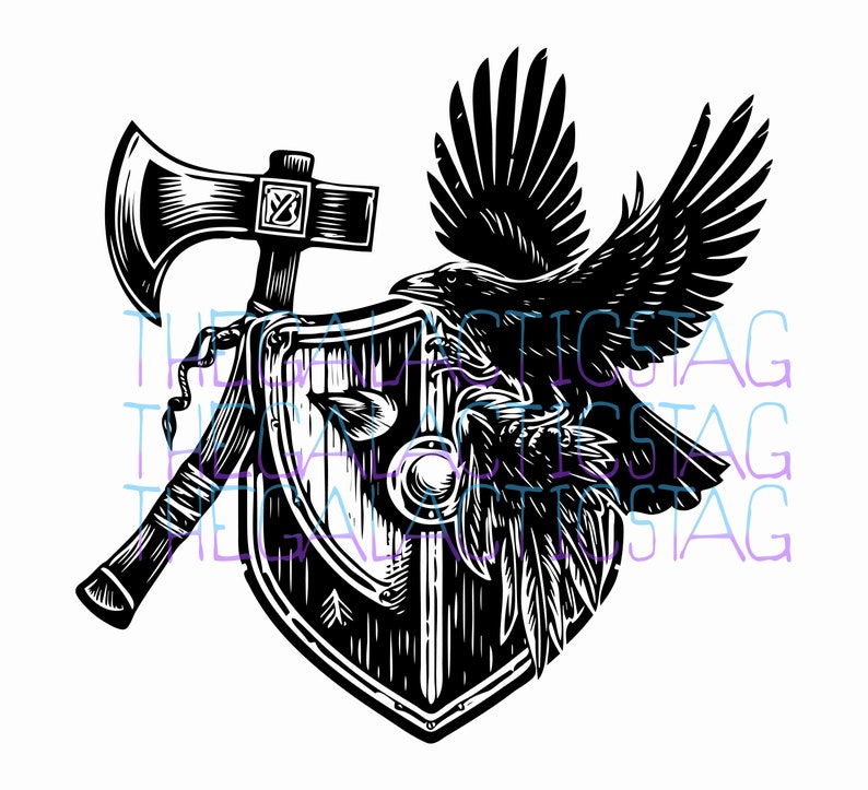 Viking Style Axe and Shield Raven / SVG PNG Vector / File for Print, Cricut, Silhouette, Laser Cut Engraving / Norse Pagan / Odin / Rune