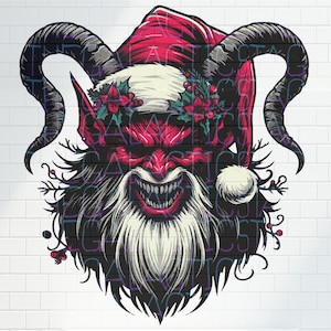 May include: A red and black illustration of a devil wearing a Santa hat with a white beard and horns. The devil has a menacing grin and is surrounded by holly.