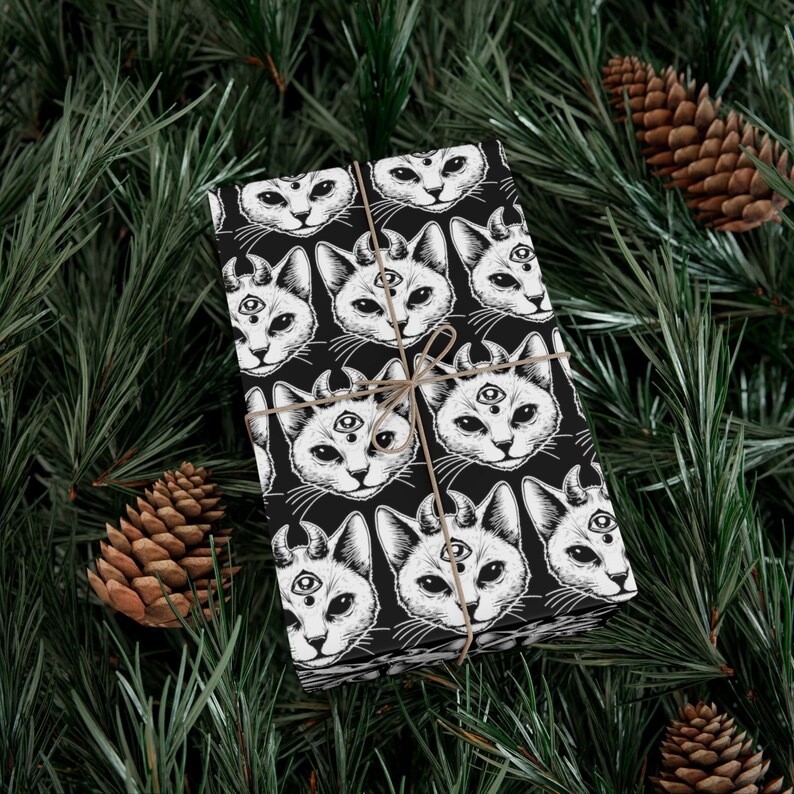 Occult Devil Kitty themed gift wrap - cool / Gothic / eye catching, one of a kind wrapping paper, unique gift decor / Goth Gift / Trippy