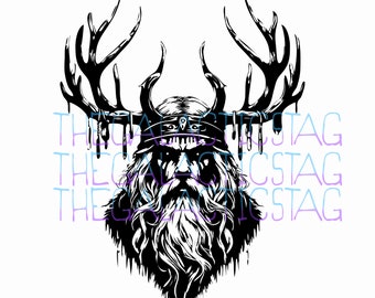 May include: Black and white illustration of a horned figure with a beard and a crown. The figure has a fierce expression and is surrounded by antlers.