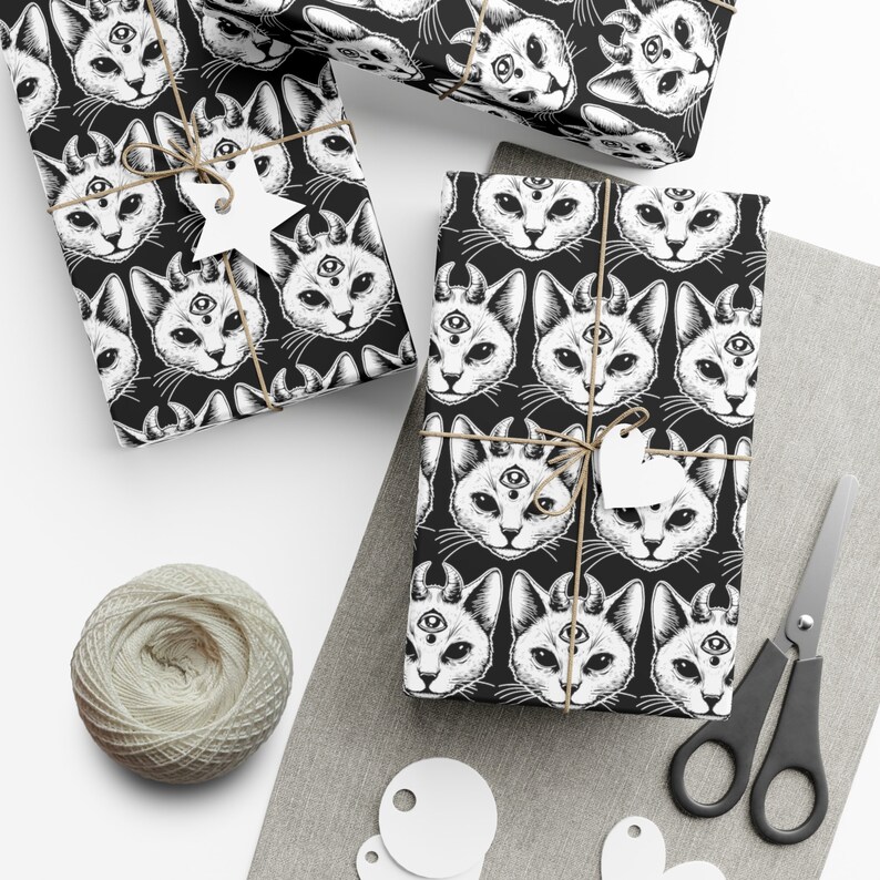 Occult Devil Kitty themed gift wrap - cool / Gothic / eye catching, one of a kind wrapping paper, unique gift decor / Goth Gift / Trippy