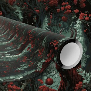 May include: A roll of wallpaper featuring a dark forest scene with a dragon, red roses, and pumpkins. The color palette includes black, green, and red. The design has a fantasy theme.