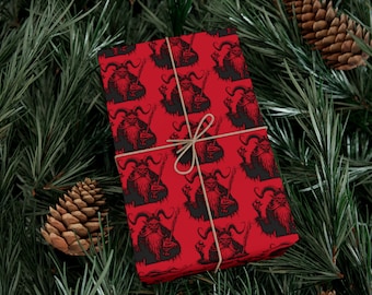 Krampus Christmas themed gift wrap - cool / Creepy / eye catching, one of a kind wrapping paper, unique gift decor / Folklore / Fantasy /
