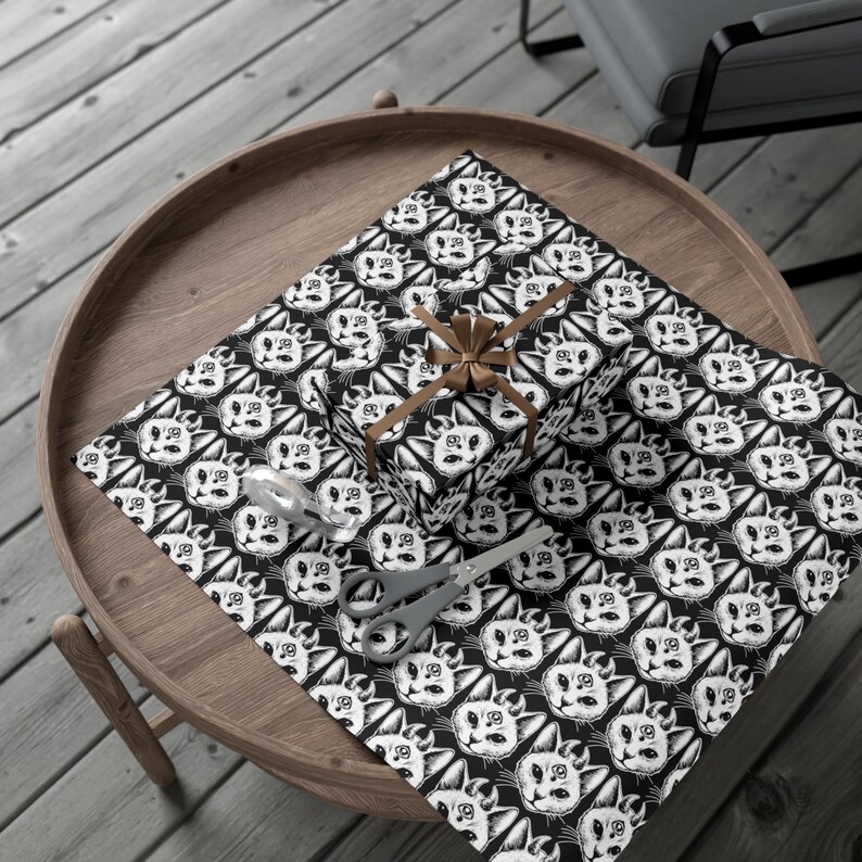 Occult Devil Kitty themed gift wrap - cool / Gothic / eye catching, one of a kind wrapping paper, unique gift decor / Goth Gift / Trippy