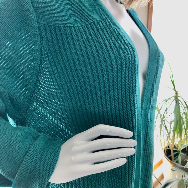 Teal Green Knit Long Sweater, Chico's Size 3, Open Front. Worn Once. Open Weave. Pockets, Long Sleeves,, Knee Length XL