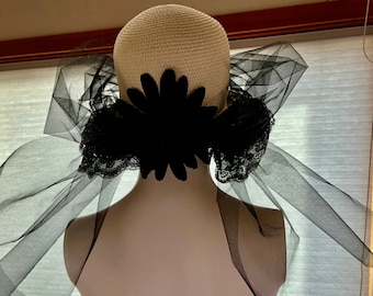 Costume Mourning Hat, Double Lace Trim, Tulle Accents with Black Flower in Back, Caroler, Christmas Play, One Size Fits Most