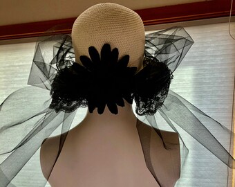 Mourning Costume Hat: Black Lace, Tulle, Flower Accent