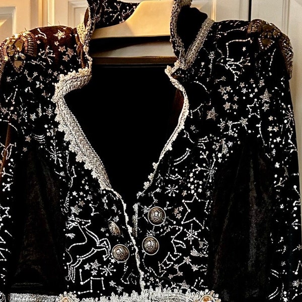 Unisex. One-of-a-Kind Costume Coat. Black/Silver.  Size Fits W 12-18 or M 34-38.  18" Shoulder to Shoulder.  Adj. Corset Back