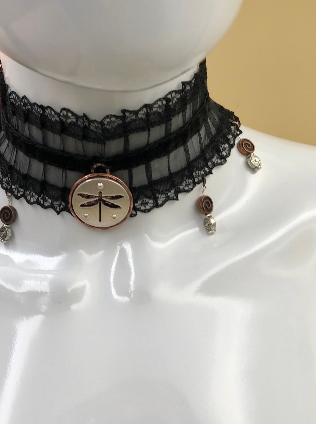 Petite Black Lace Choker: Dragonfly Medallion, Steampunk Gothic - Etsy