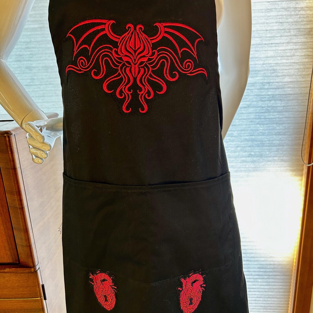 Gothic Unisex BBQ Cooking Apron, Black With Red Appliques, Two Front ...