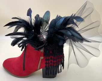 Costume Shoes, Booties, Feathers, Lace, Metal Flying Bat, Ribbon, Up-Purposed Never Worn, Size 8.5 Women's