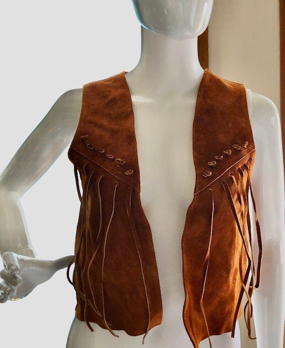 Small Vintage Suede Fringe Vest, Cowgirl Vest. 60… - image 1