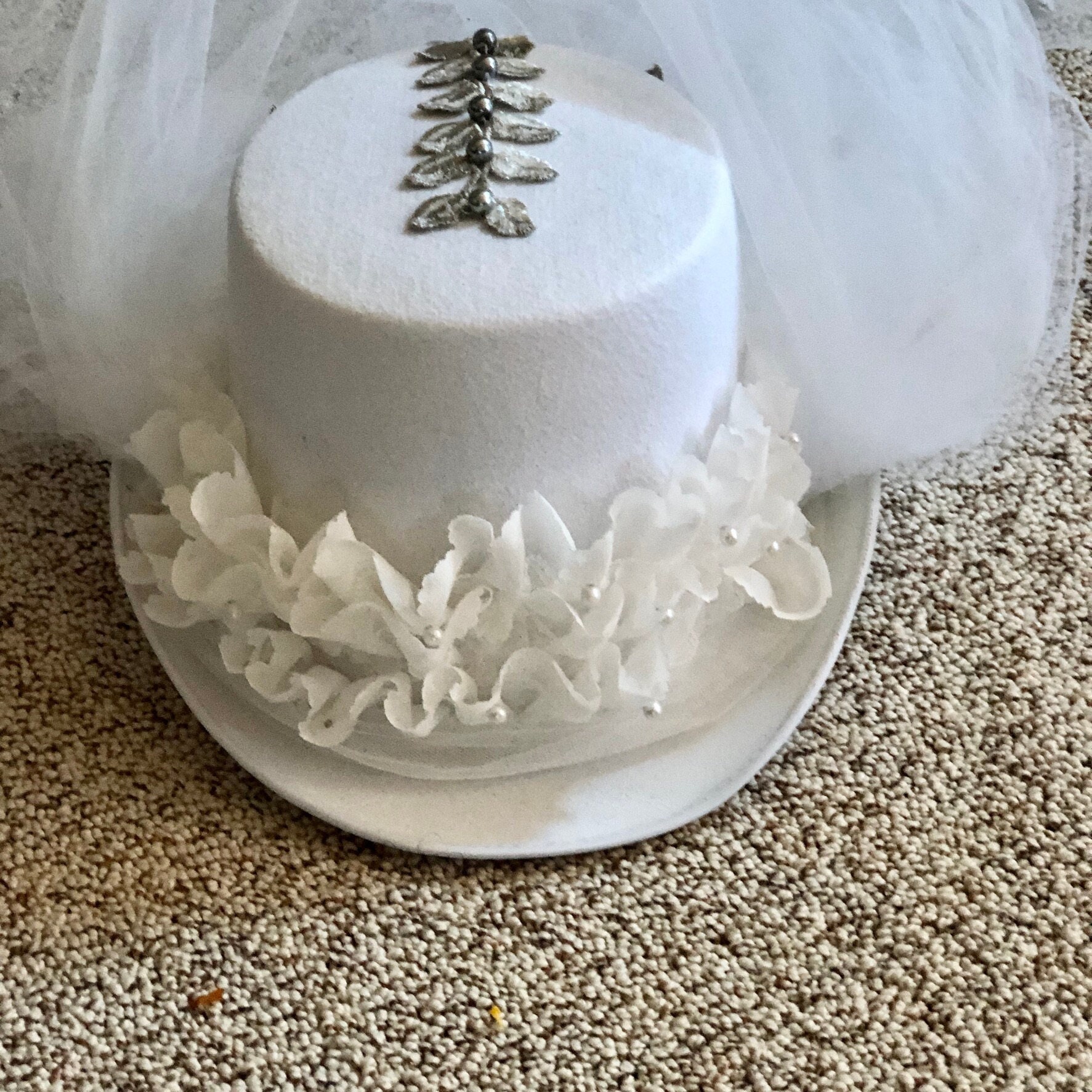 White Top Hat with Veil: Silver Leaf & Pearl Gothic Wedding Costume
