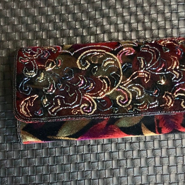 Vintage:  Ladies Evening Clutch Purse.  Velvet with Beaded Strap and Front Flap.  Great Shape.  Gently Used 4 x 8"