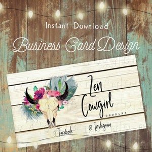 Zen Cowgirl Business Card Set, Bull Skull Floral Feather Boho Business Card, Boutique Southern Business Card, DIY Blank Business Card Design