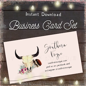 Business Card Set, Boho Rustic Business Cards, DIY Blank Business Card Design, Bull Skull Feather Business Card Design, Blush Business Cards